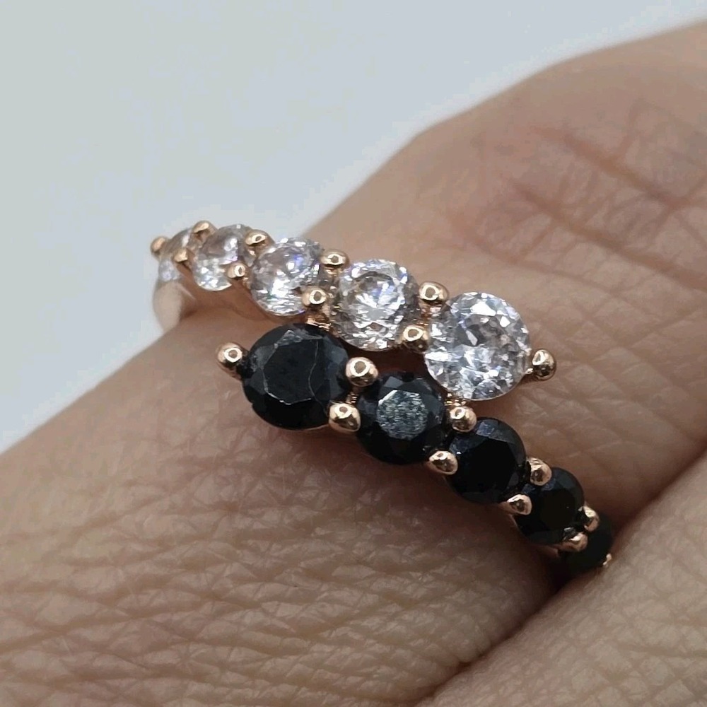 BHS Rose Gold Tone Black & Clear CZ Bypass Ring Size 6 – Elegant Modern Fashion